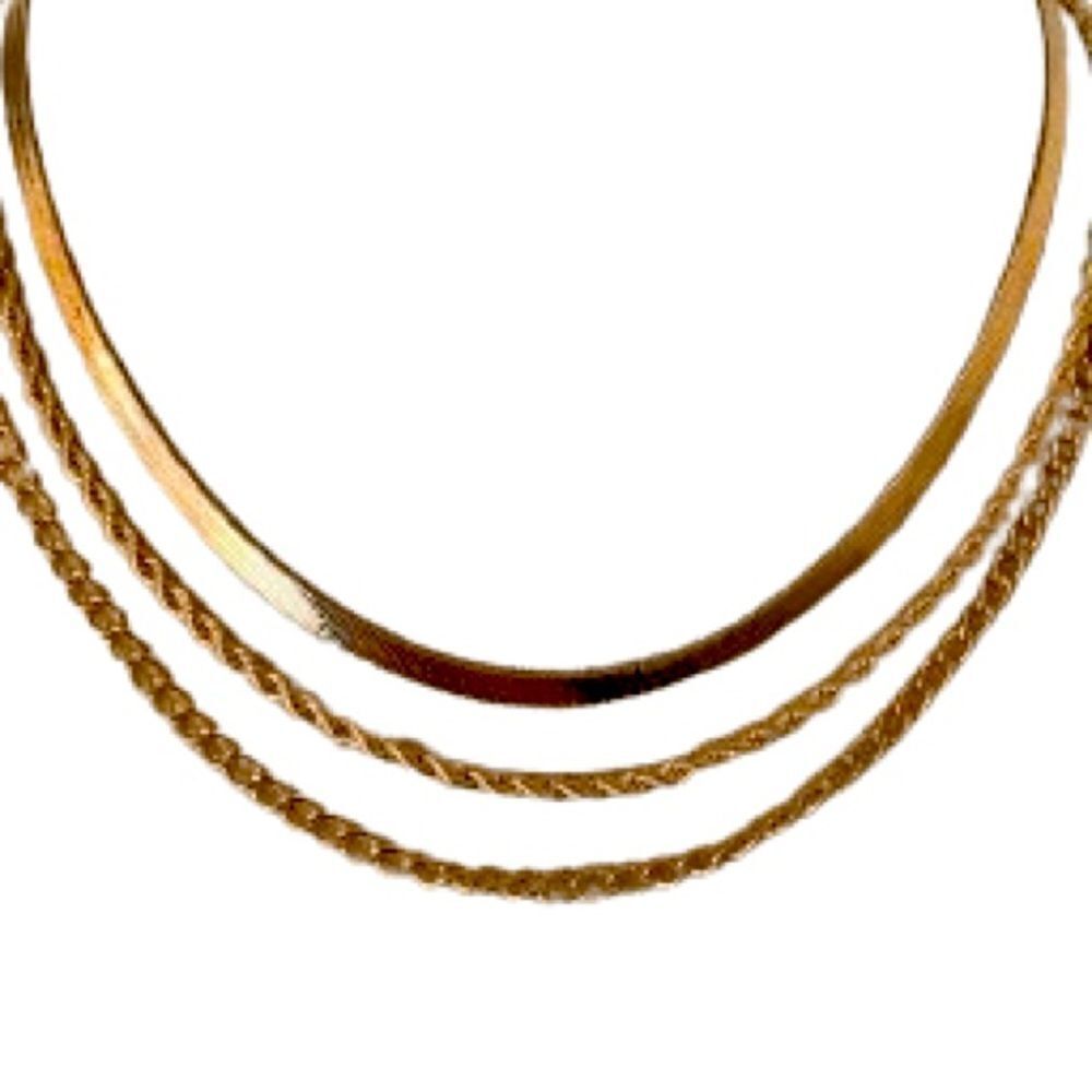 Triple Layer Gold Chain Necklace – Mixed Rope, Curby & Herringbone